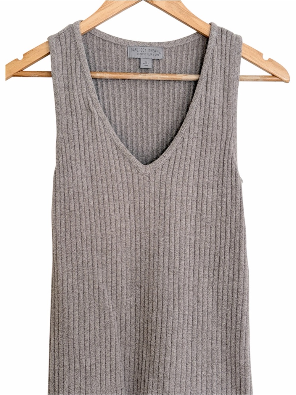 Barefoot Dreams Cozchic Ulta Lite V-Neck Brown Tan Ribbed Tank Tank Small - Picture 2 of 3
